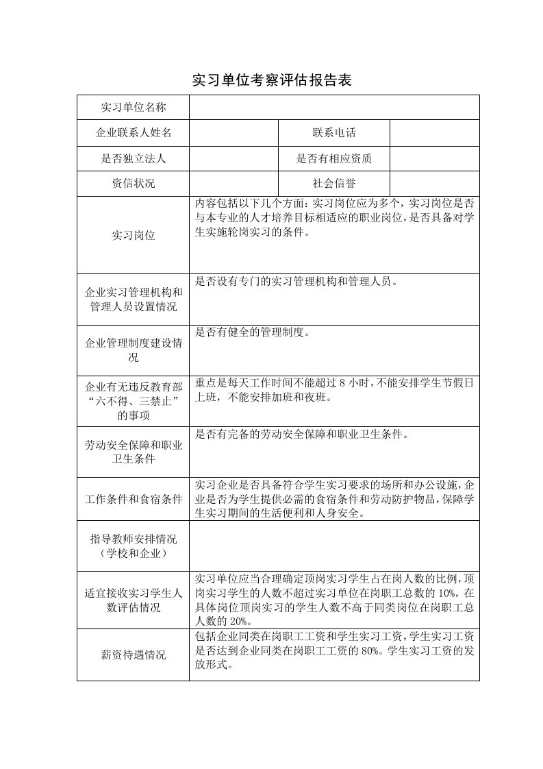 实习单位考察评估报告表