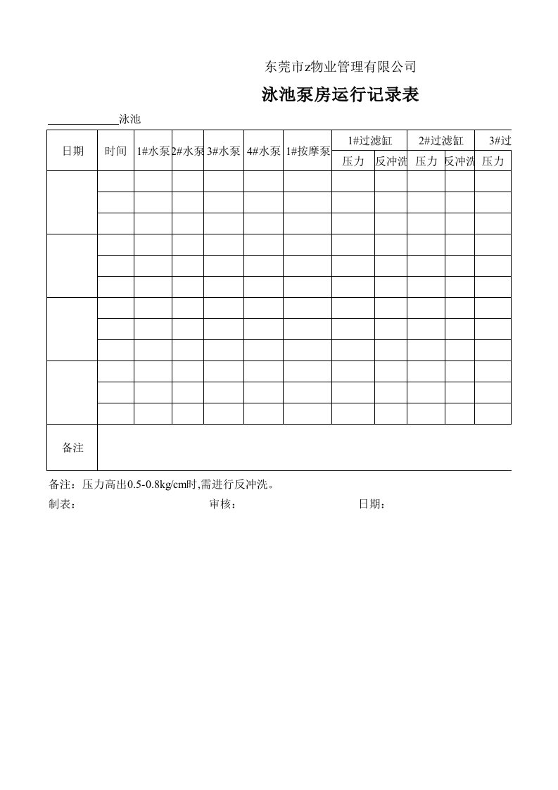 泳池泵房运行记录表