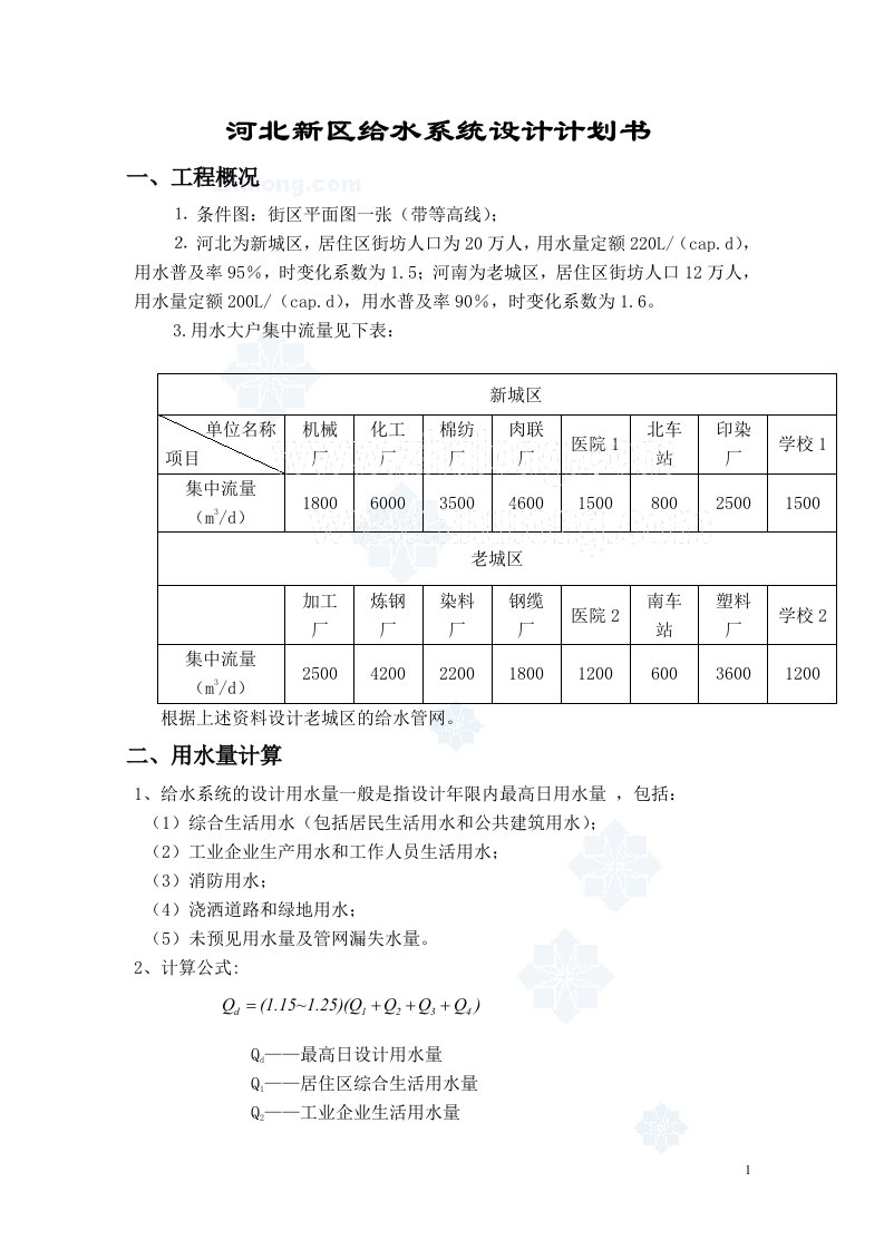 河北新区给水系统设计计划书