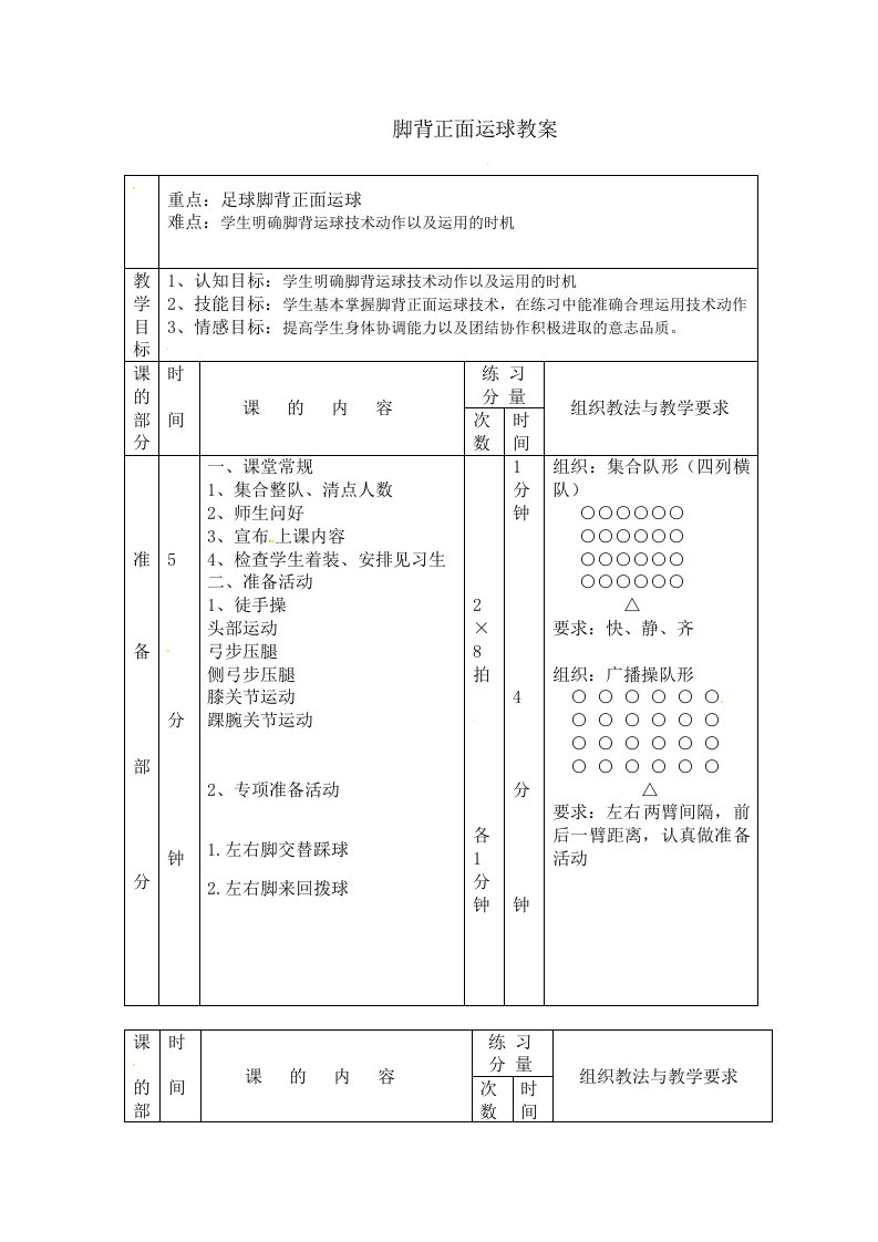 小学体育教案-足球脚背正面运球