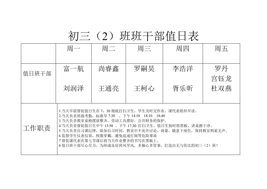 初三2班班干部值日表