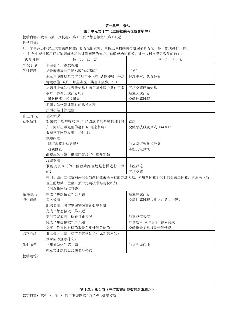 苏教版小学四年级下册数学全册教案