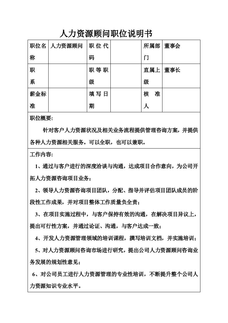 生产制造型企业人力资源顾问职位说明书