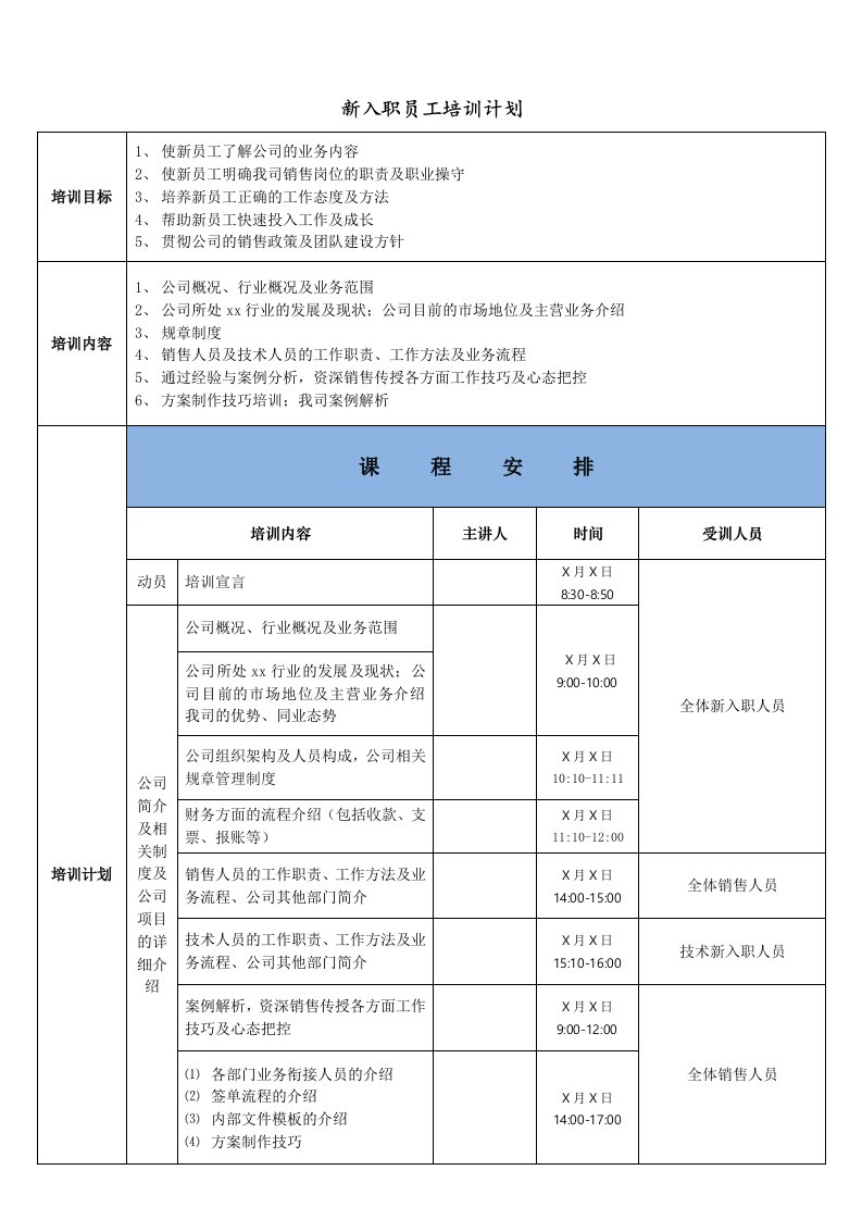 新入职销售人员培训计划