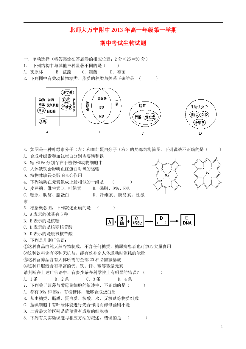 海南省万宁市北师大万宁附中2013-2014学年高一生物上学期期中试题新人教版