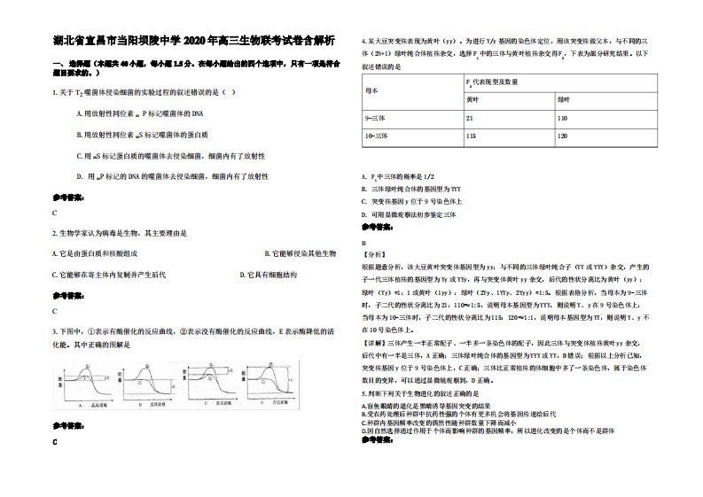 湖北省宜昌市当阳坝陵中学2020年高三生物联考试卷含解析