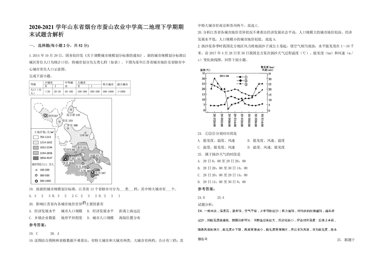 2020-2021学年山东省烟台市蚕山农业中学高二地理下学期期末试题含解析