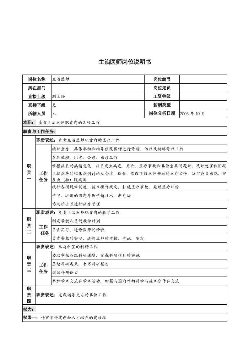 湖北新华医院主治医师岗位说明书