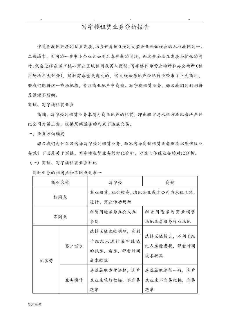 写字楼租赁业务分析报告文案