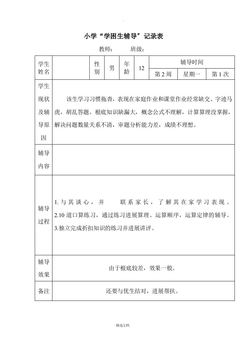 小学六年级数学学困生辅导记载表