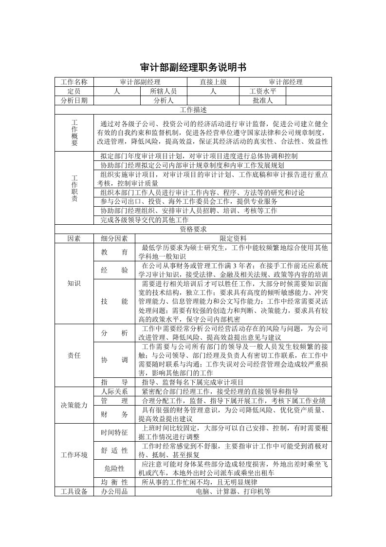审计部副经理职务描述