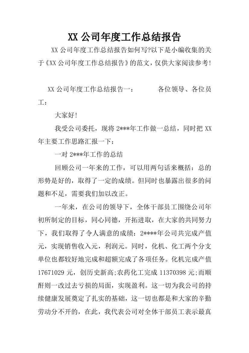 XX公司年度工作总结报告