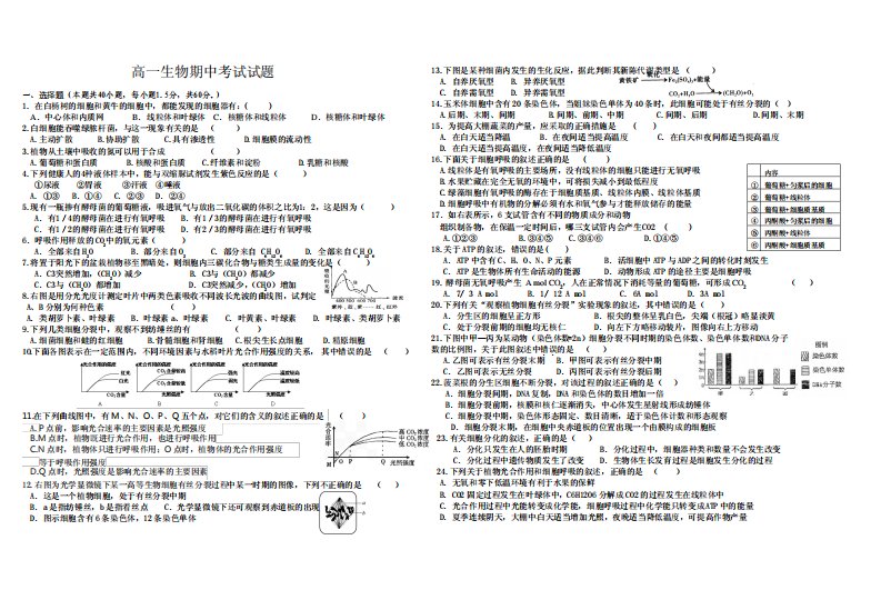 高一生物期中考试试题必修一,必修三部分