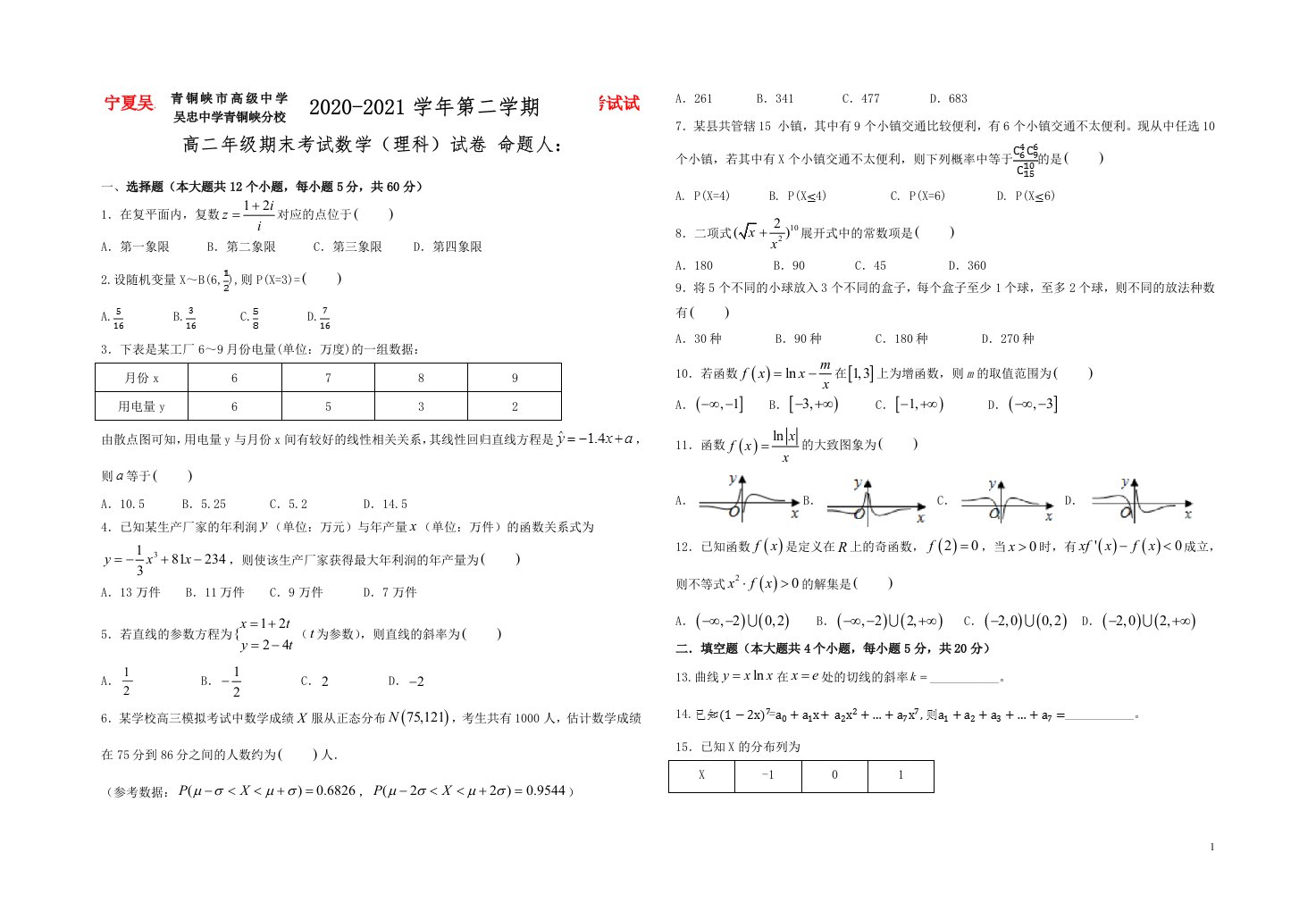 宁夏吴忠市青铜峡市高级中学2020_2021学年高二数学下学期期末考试试题理