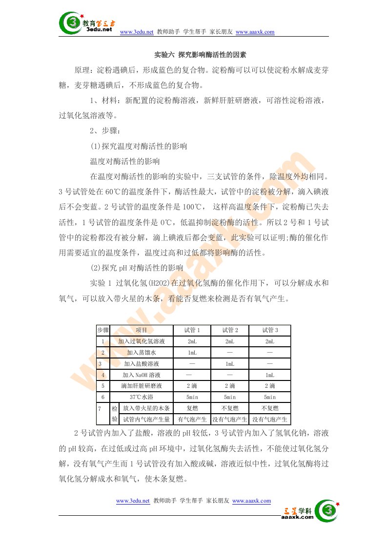 高一生物下册暑假实验练习题6