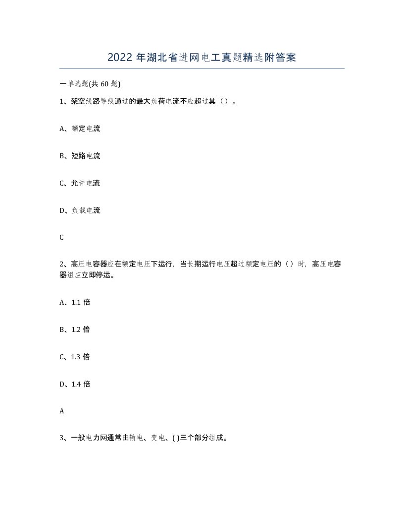 2022年湖北省进网电工真题附答案