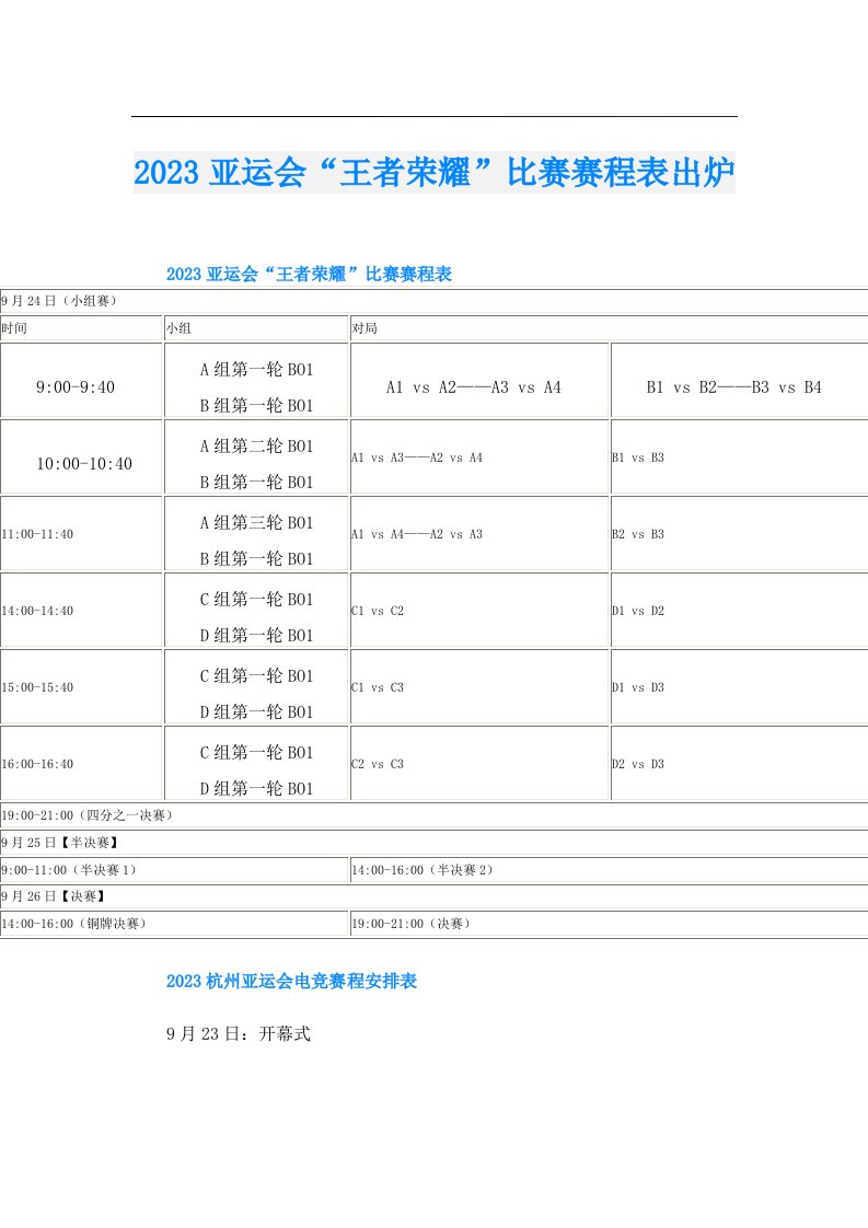 亚运会“王者荣耀”比赛赛程表出炉