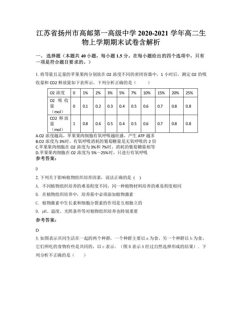 江苏省扬州市高邮第一高级中学2020-2021学年高二生物上学期期末试卷含解析