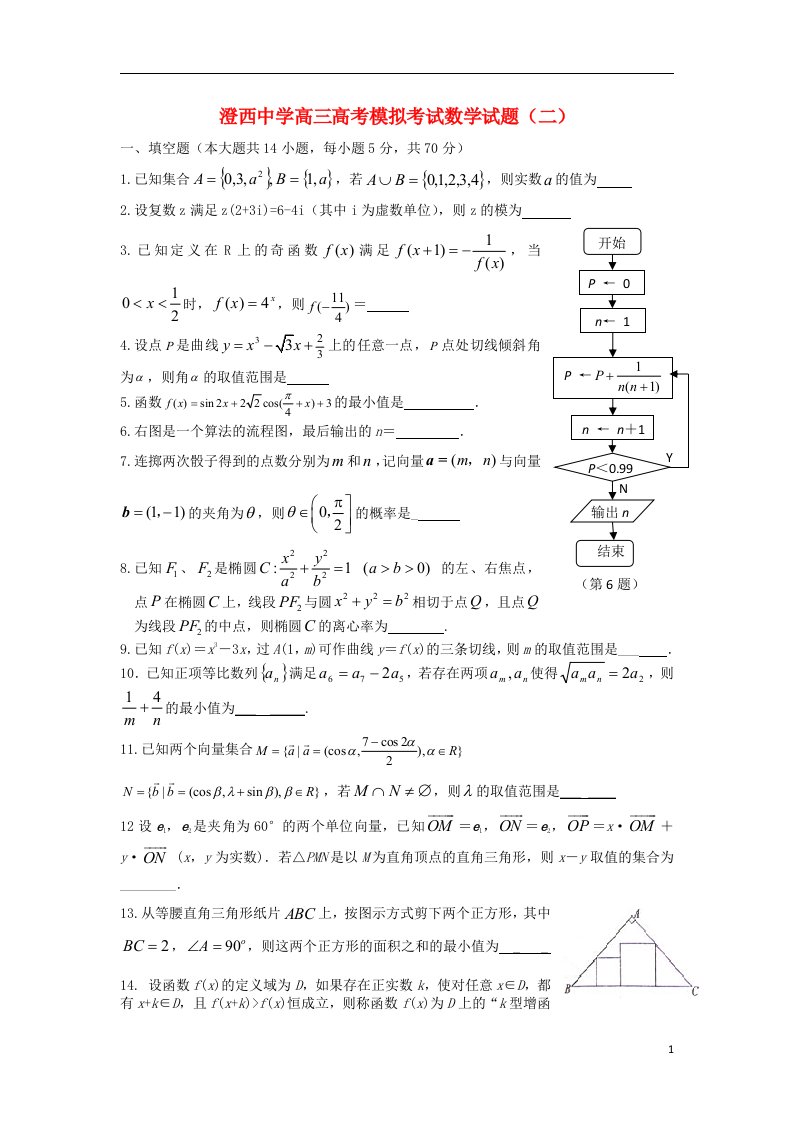 江苏省江阴市澄西中学高三数学模拟考试试题（二）（无答案）苏教版