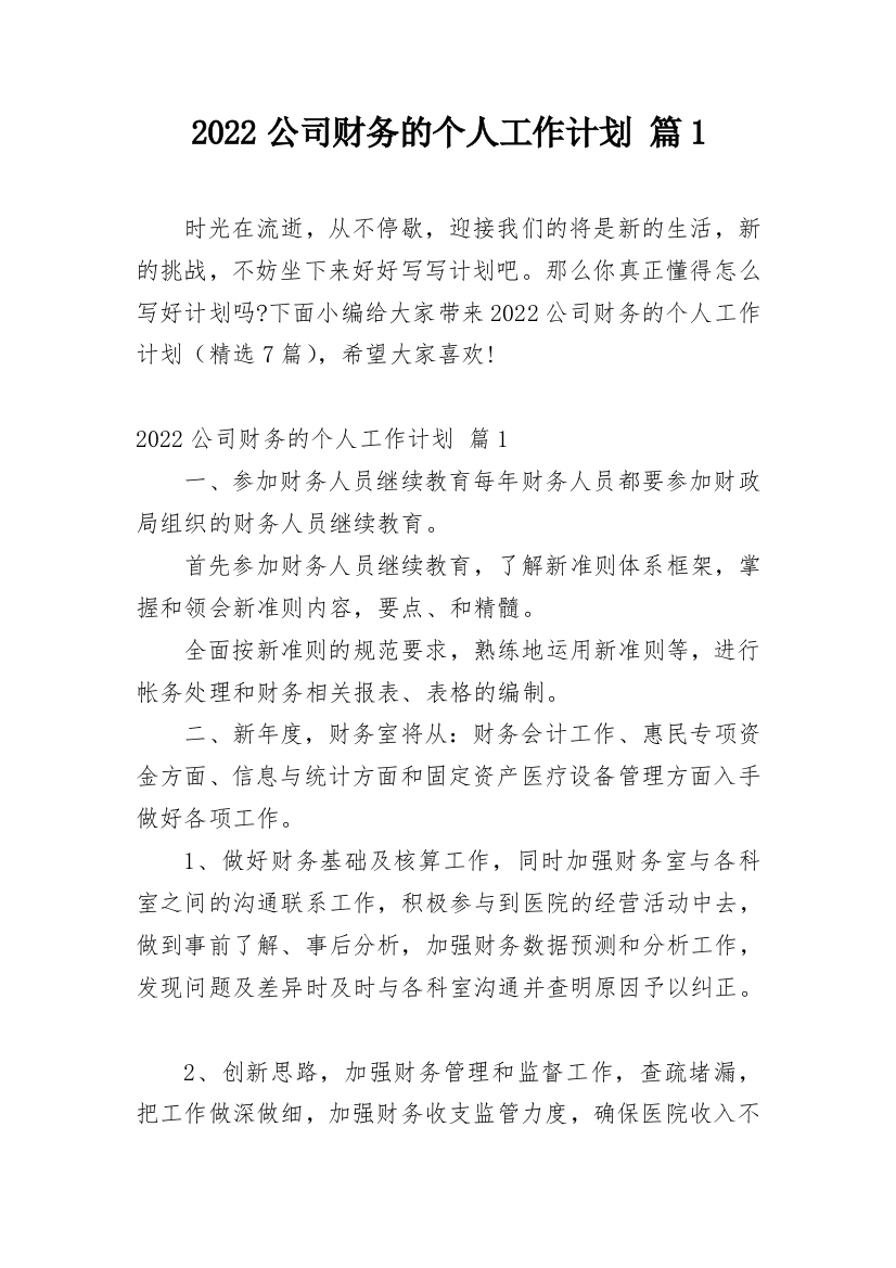 2022公司财务的个人工作计划