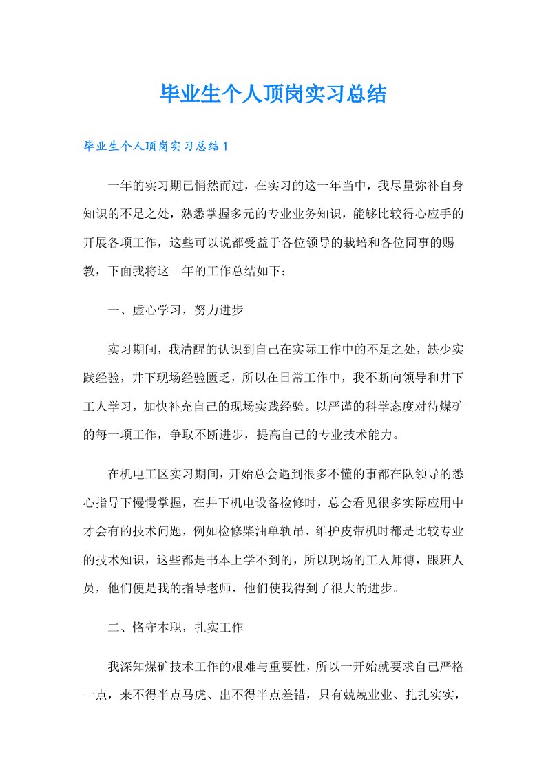 毕业生个人顶岗实习总结