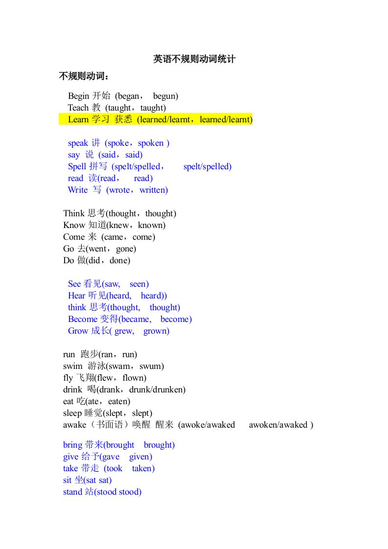 英语不规则动词统计