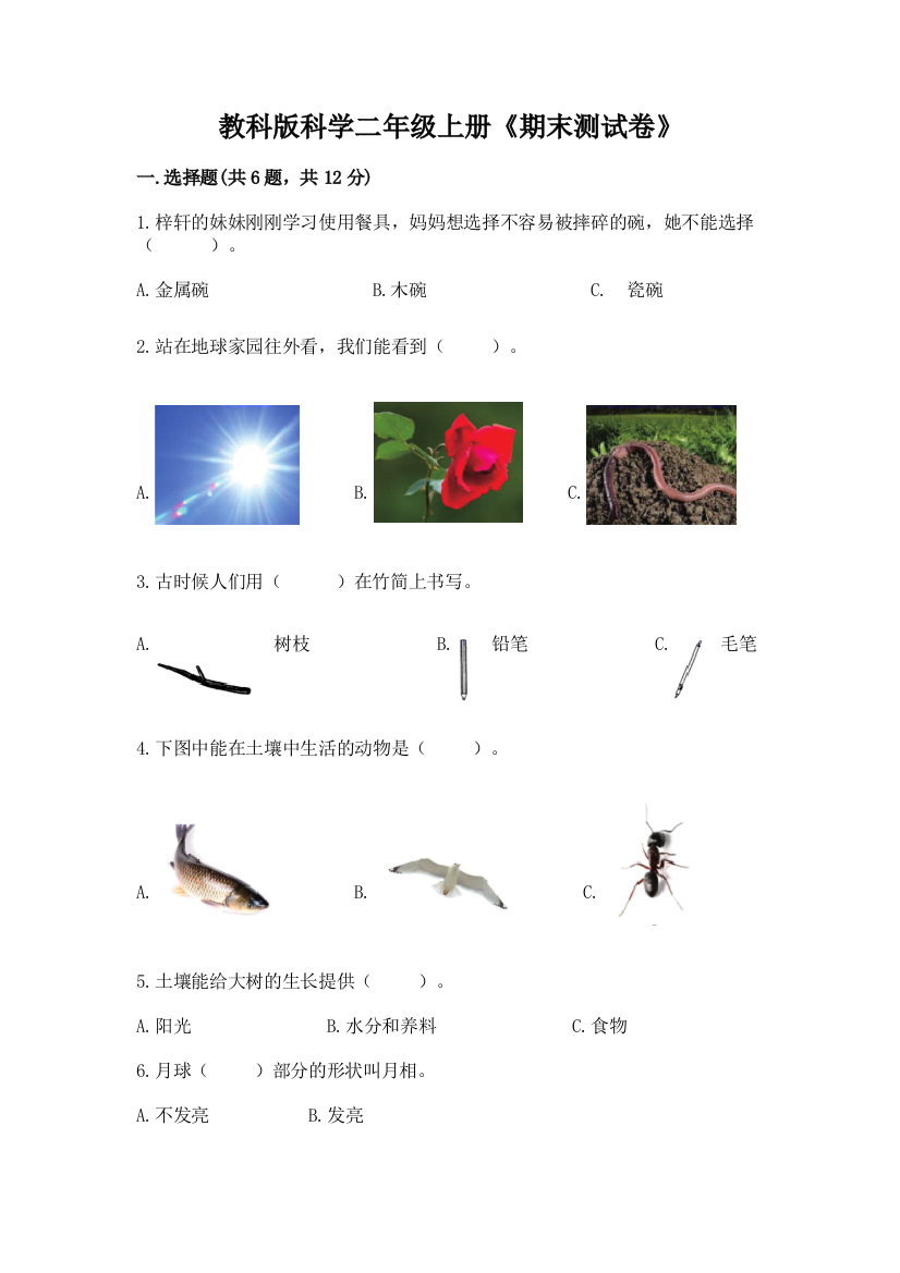 教科版科学二年级上册《期末测试卷》【网校专用】