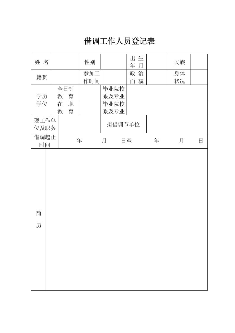 借调工作人员登记表