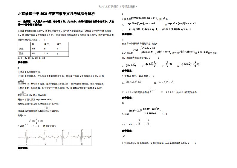 北京榆垡中学2021年高三数学文月考试卷含解析