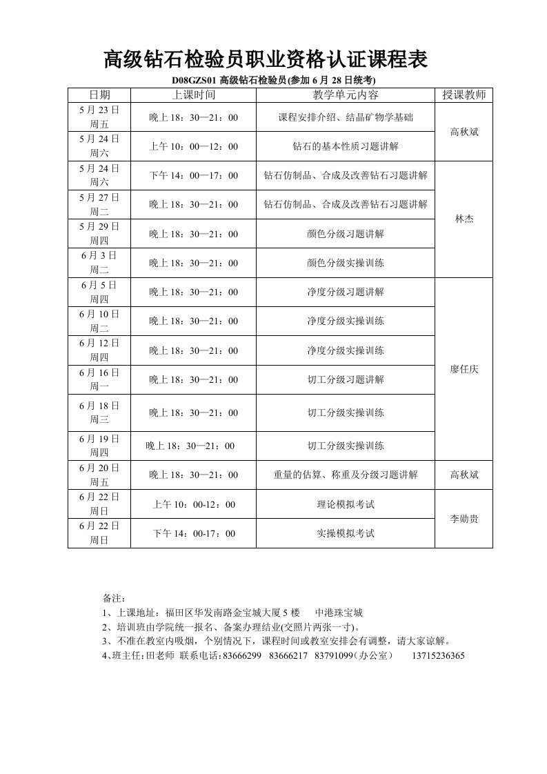 高级钻石检验员职业资格认证课程表.doc