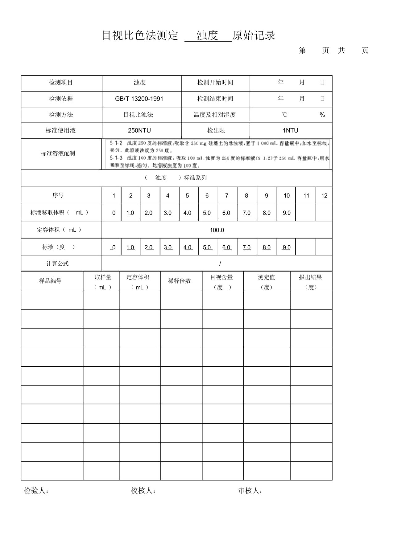 目视比色法测定浊度原始记录