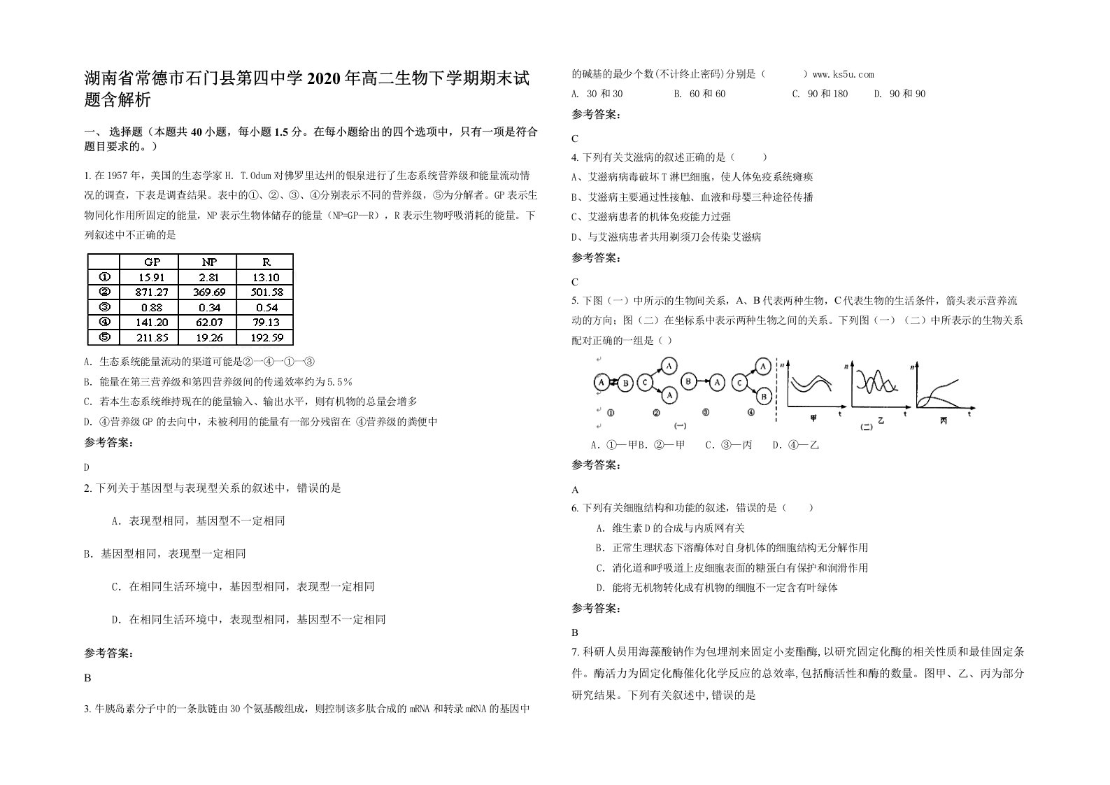 湖南省常德市石门县第四中学2020年高二生物下学期期末试题含解析