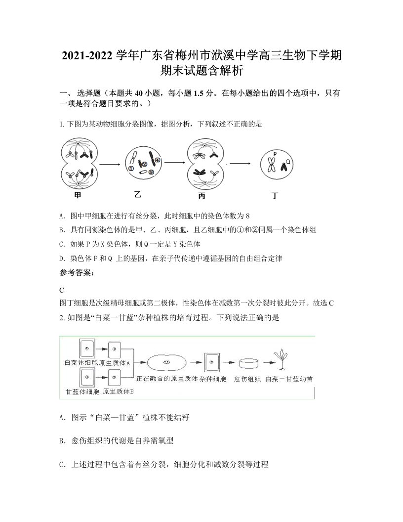 2021-2022学年广东省梅州市洑溪中学高三生物下学期期末试题含解析