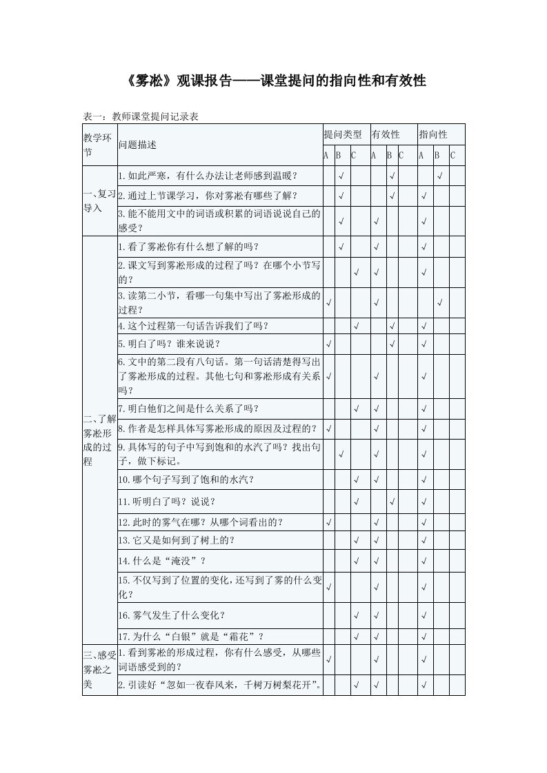 苏教版小学语文四年级雾凇课堂观察报告