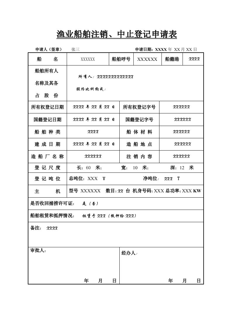 渔业船舶注销、中止登记申请表