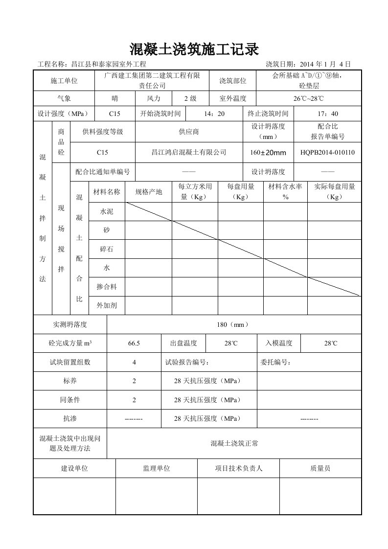 混凝土浇筑施工记录