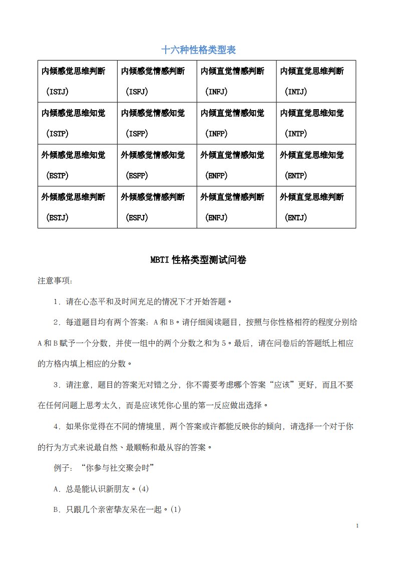 MBTI职业性格测试及解析(最完整版)