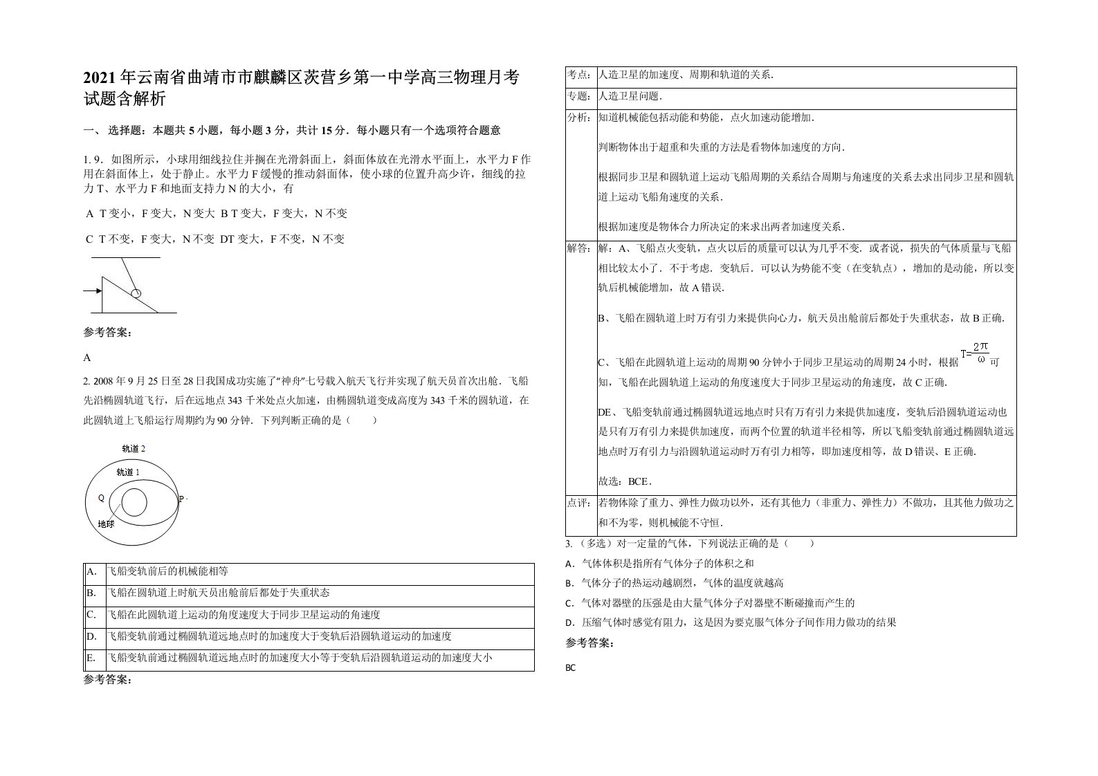 2021年云南省曲靖市市麒麟区茨营乡第一中学高三物理月考试题含解析