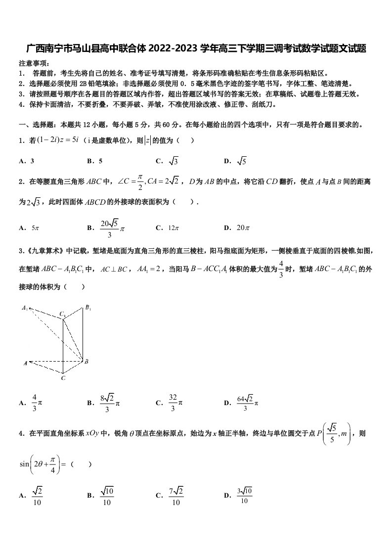 广西南宁市马山县高中联合体2022-2023学年高三下学期三调考试数学试题文试题含解析