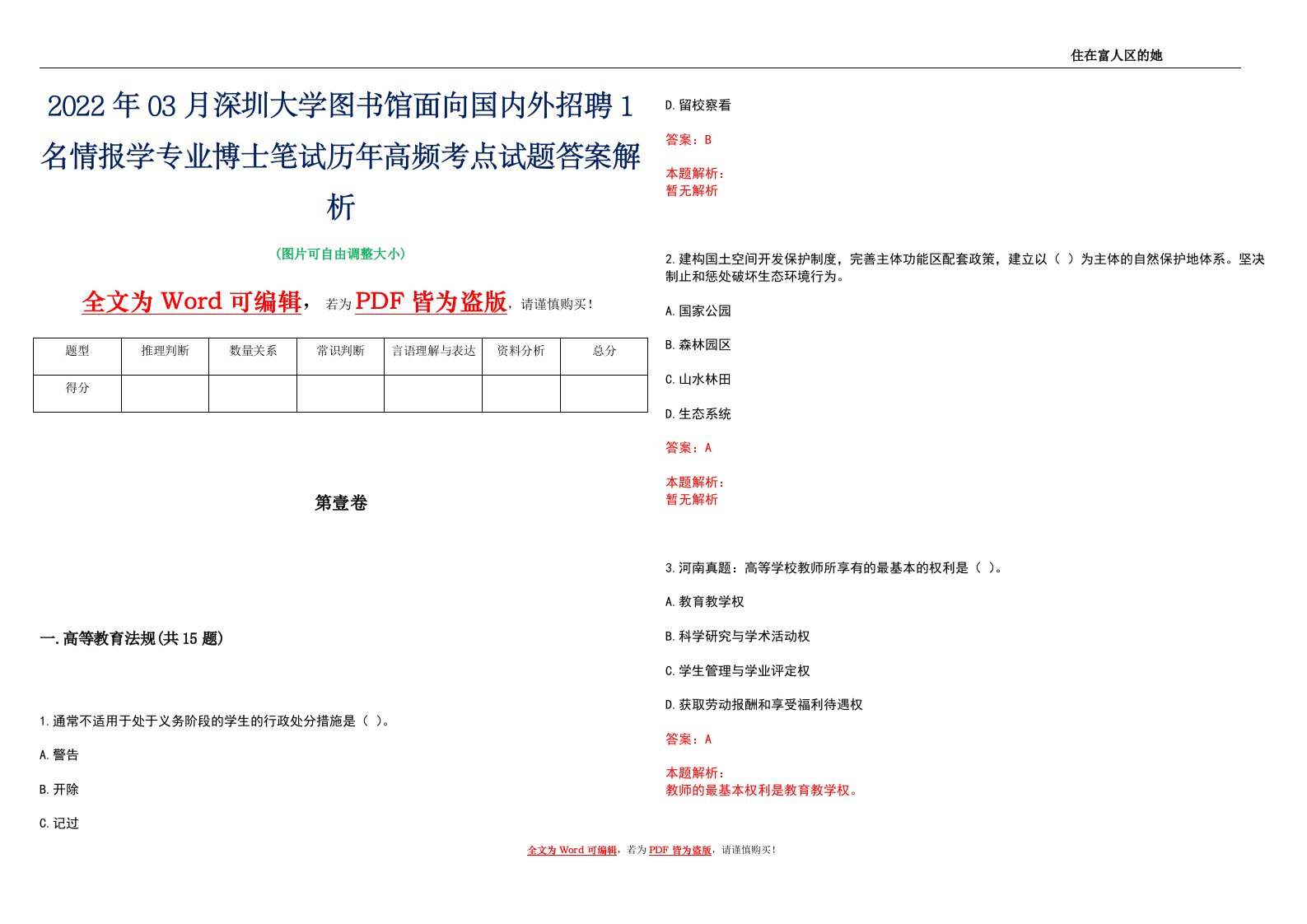 2022年03月深圳大学图书馆面向国内外招聘1名情报学专业博士笔试历年高频考点试题答案解析