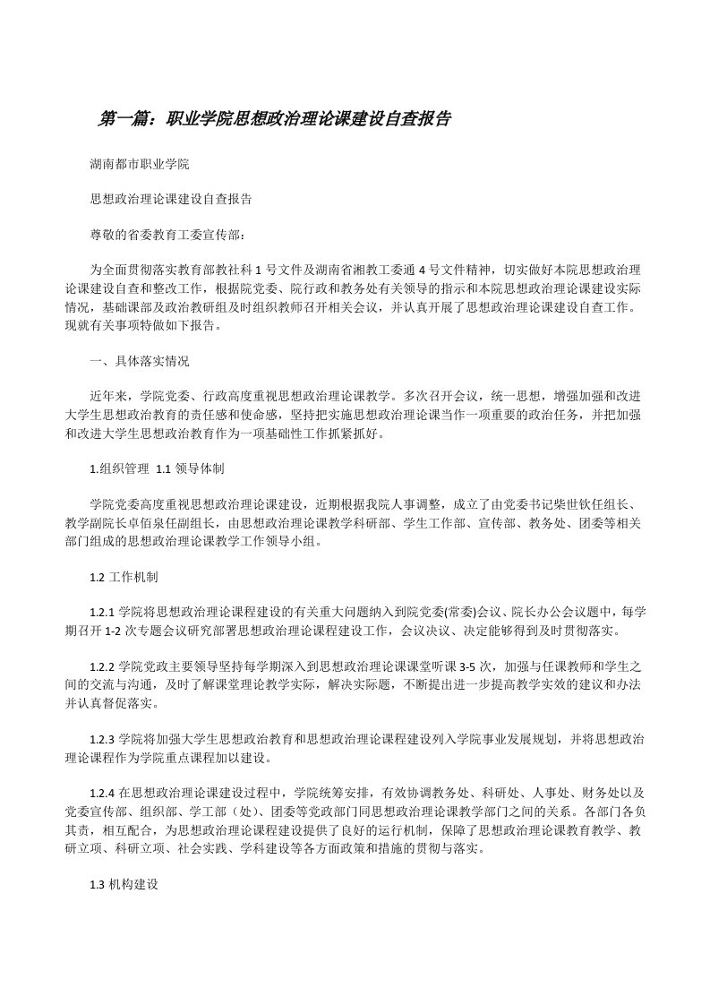 职业学院思想政治理论课建设自查报告[修改版]