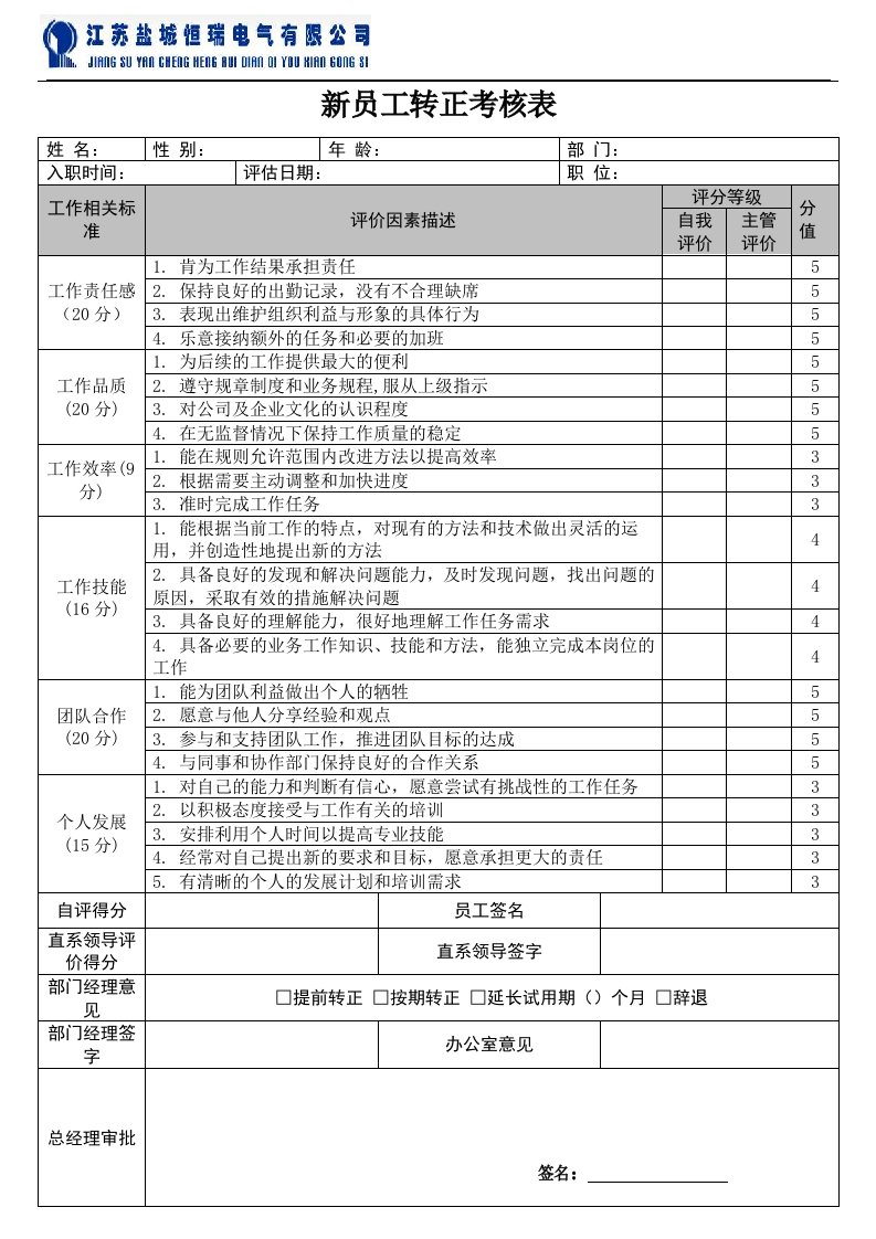 员工转正考核表、员工评级表