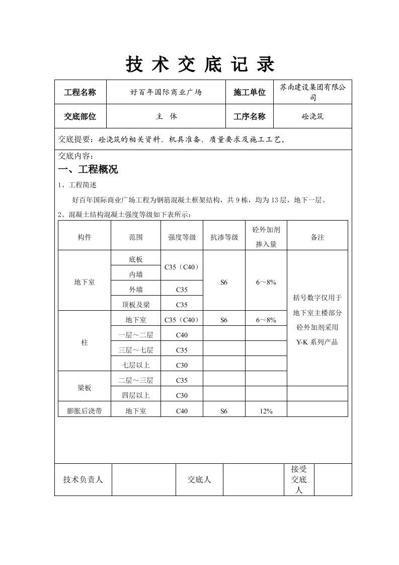 商业广场砼浇筑技术交底