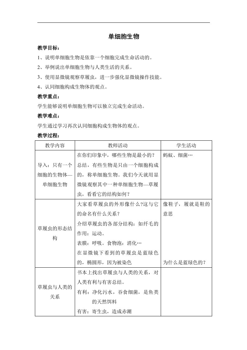 苏教版七上《单细胞生物》