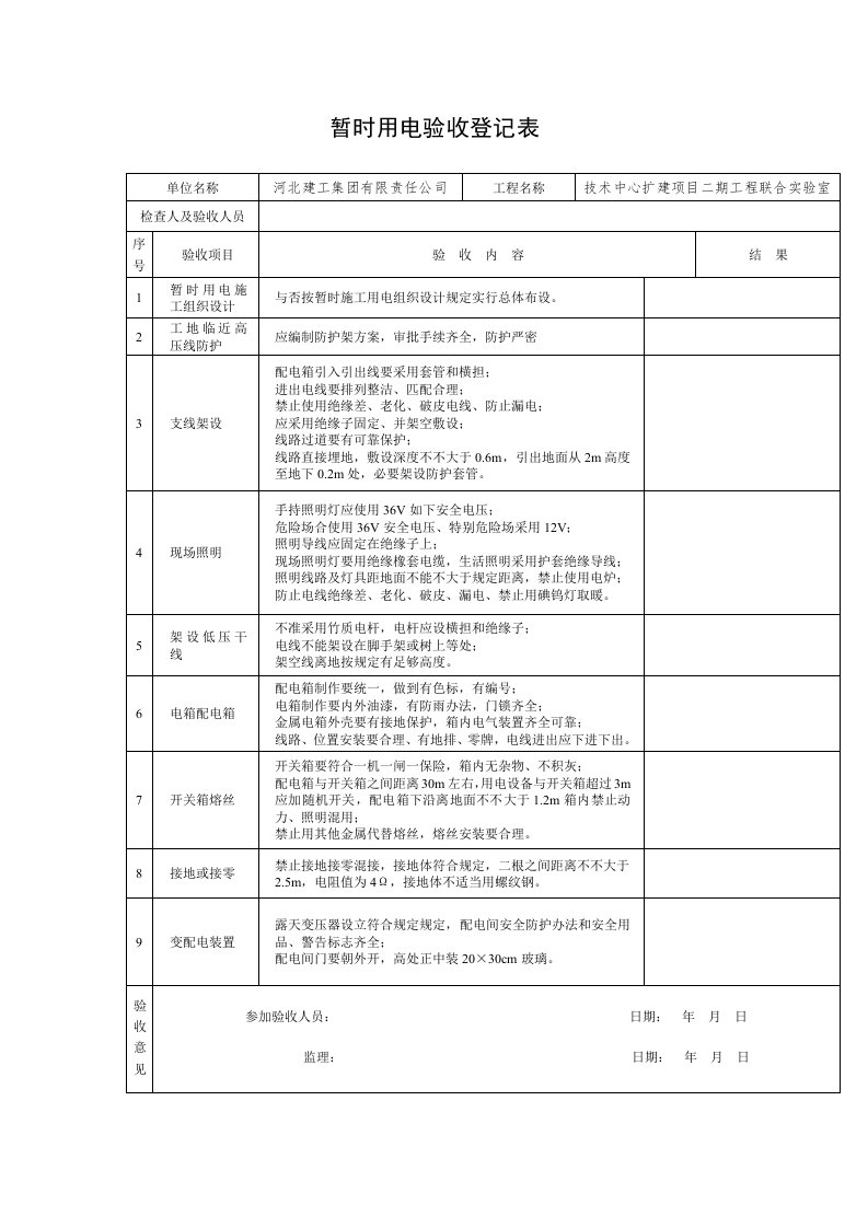 临时用电验收记录表