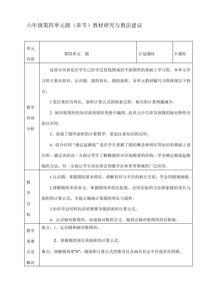 六年级数学集体备课第四单元分析