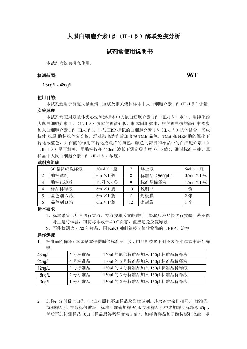 大鼠白细胞介素1βIL1β酶联免疫分析