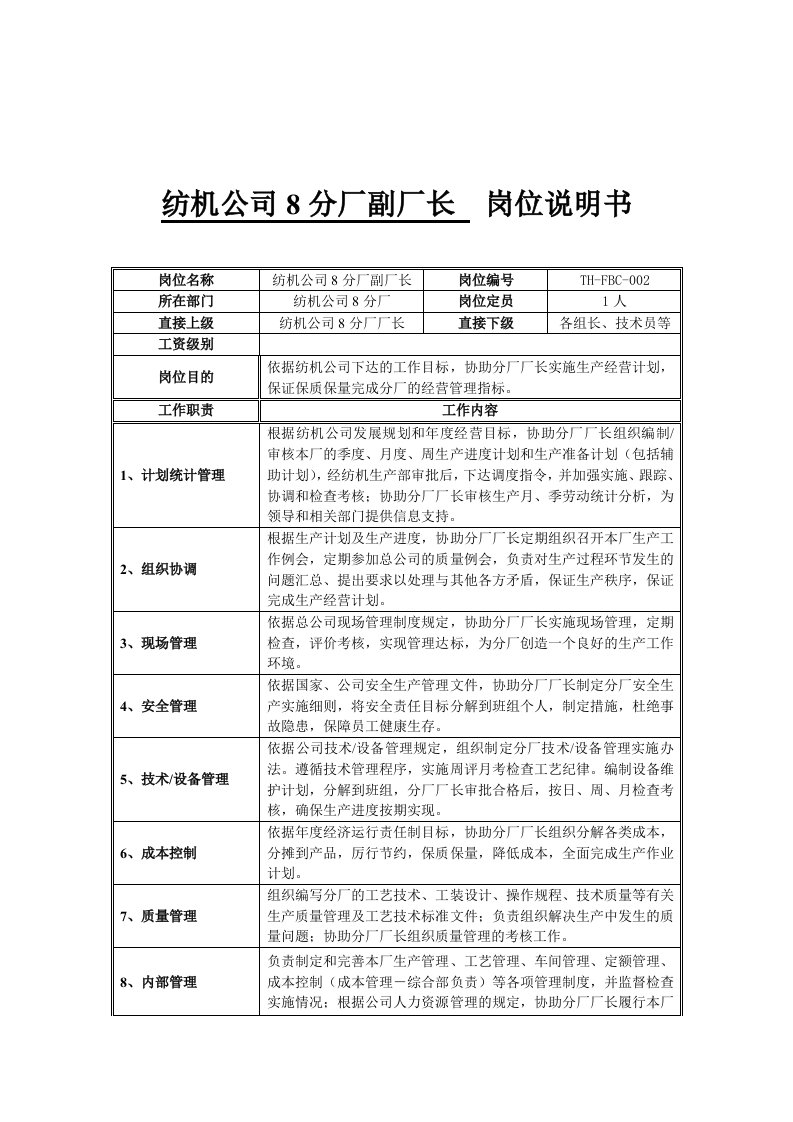 岗位职责-纺机公司8分厂副厂长岗位说明书