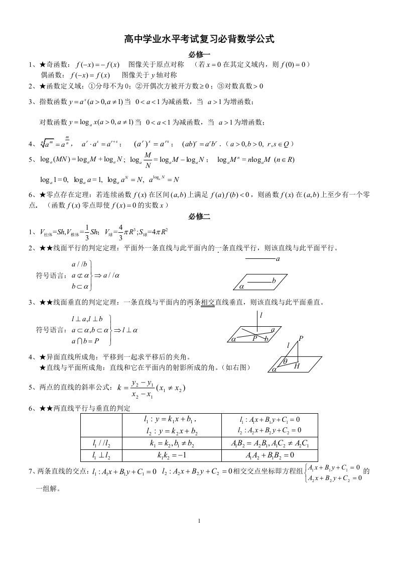 高中数学必背数学公式(学业水平考试)