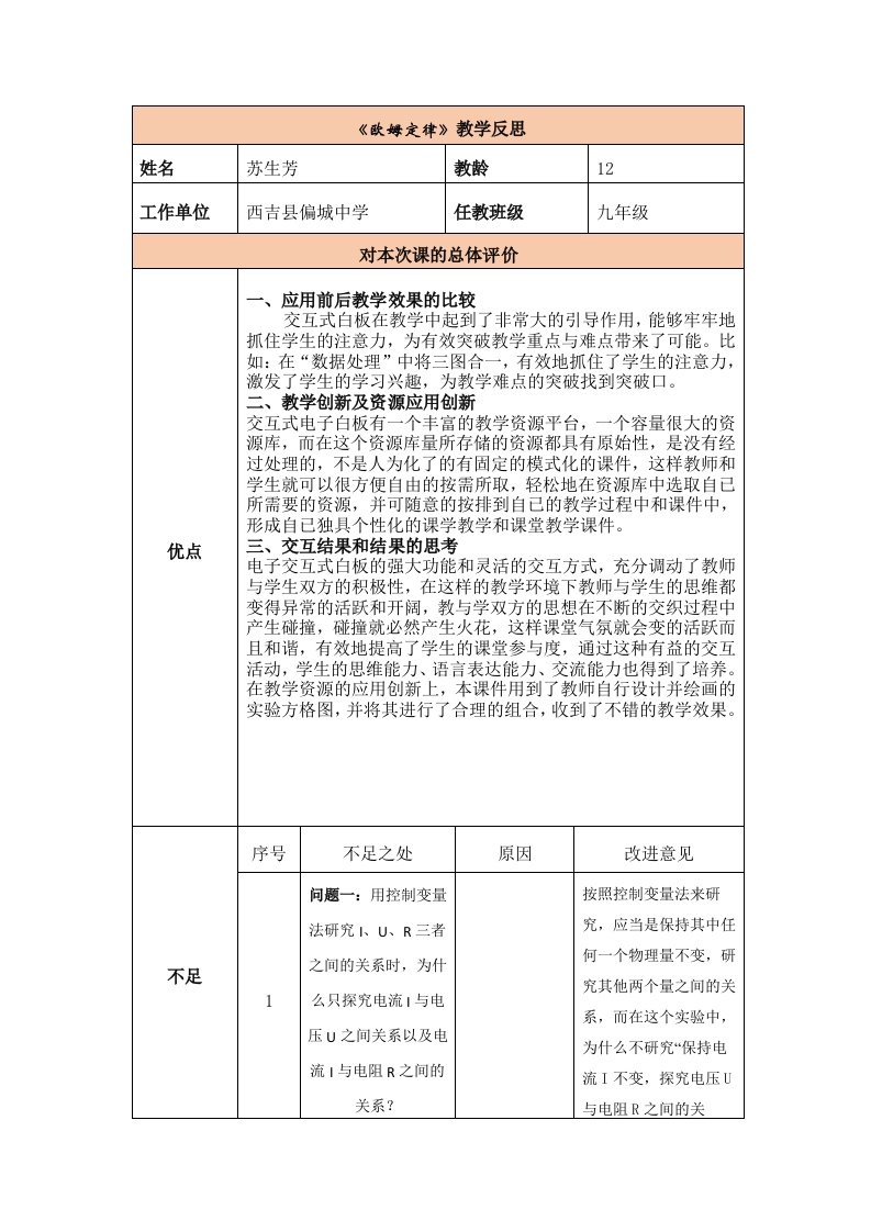 《欧姆定律》教学反思